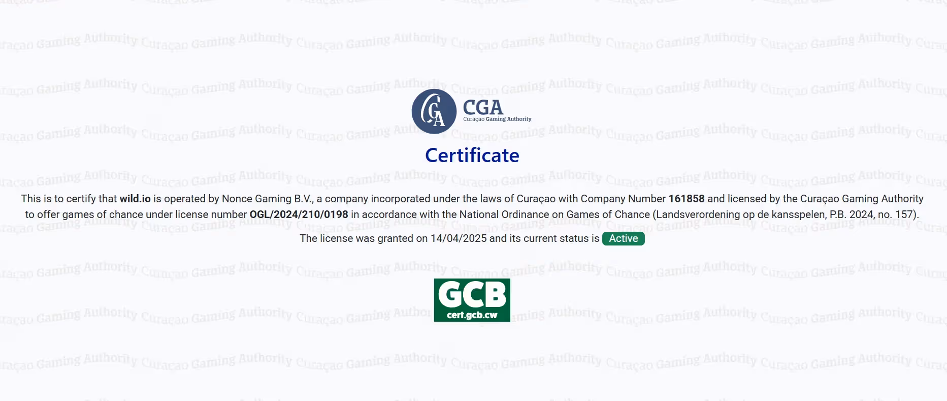 Wild.io License Certificate