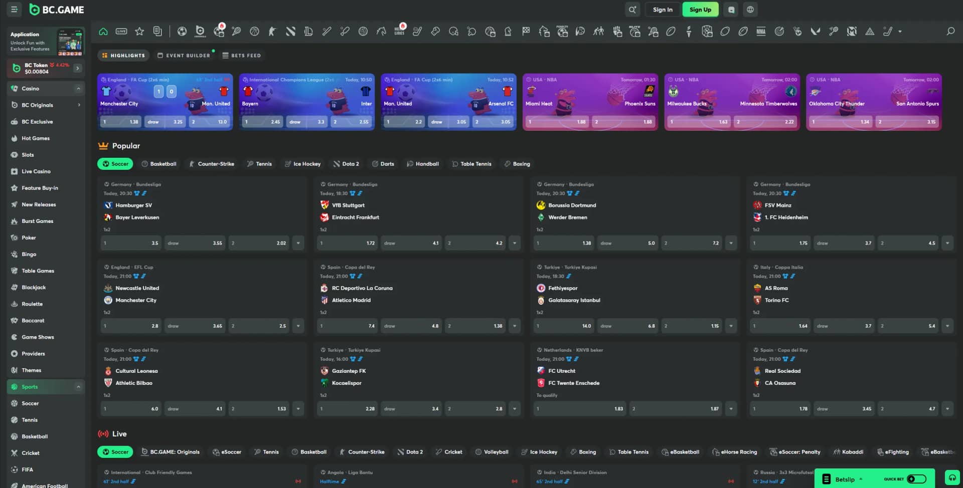 BC GAME Sports Betting Lobby