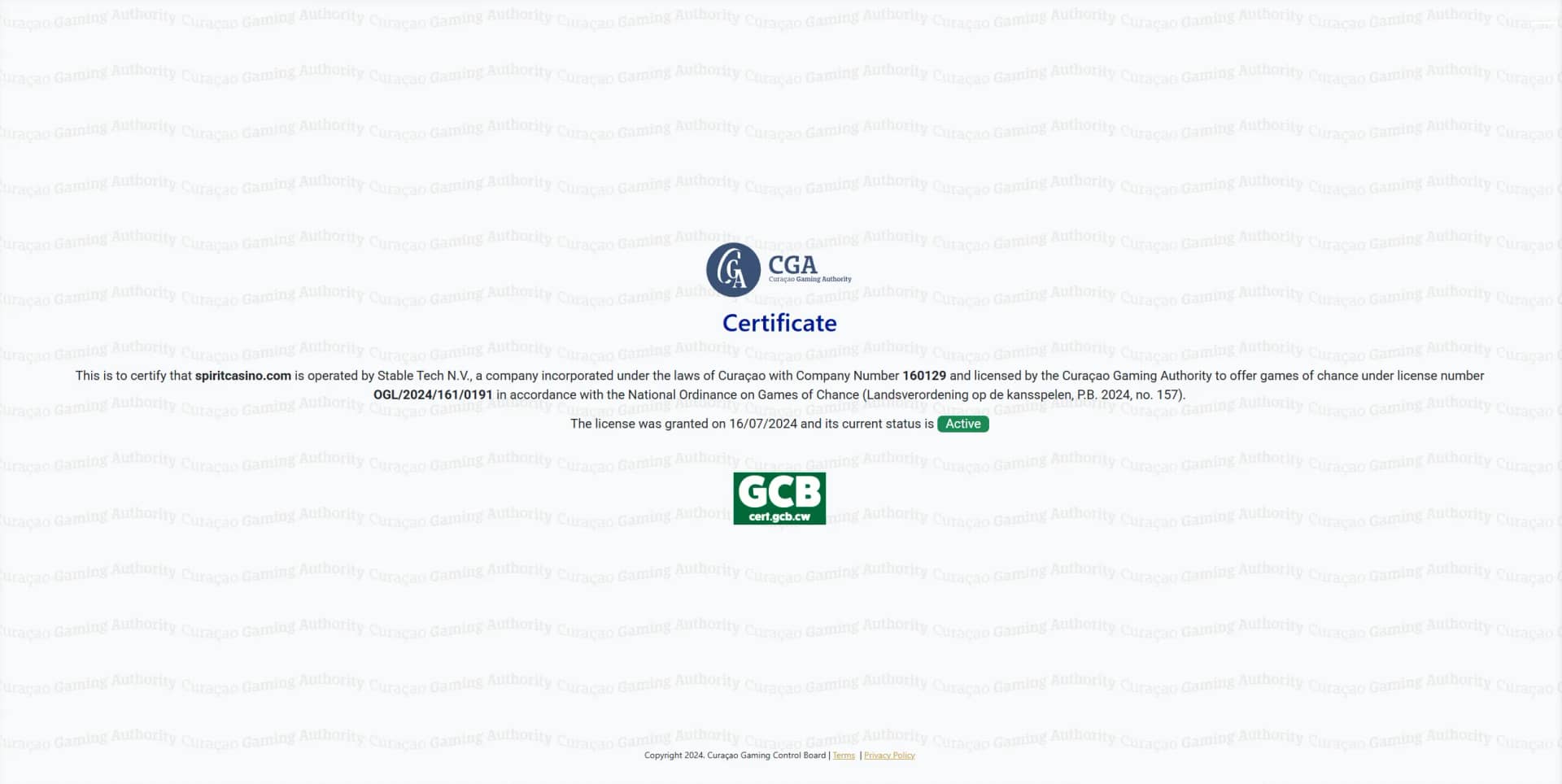 Spirit Casino License Information